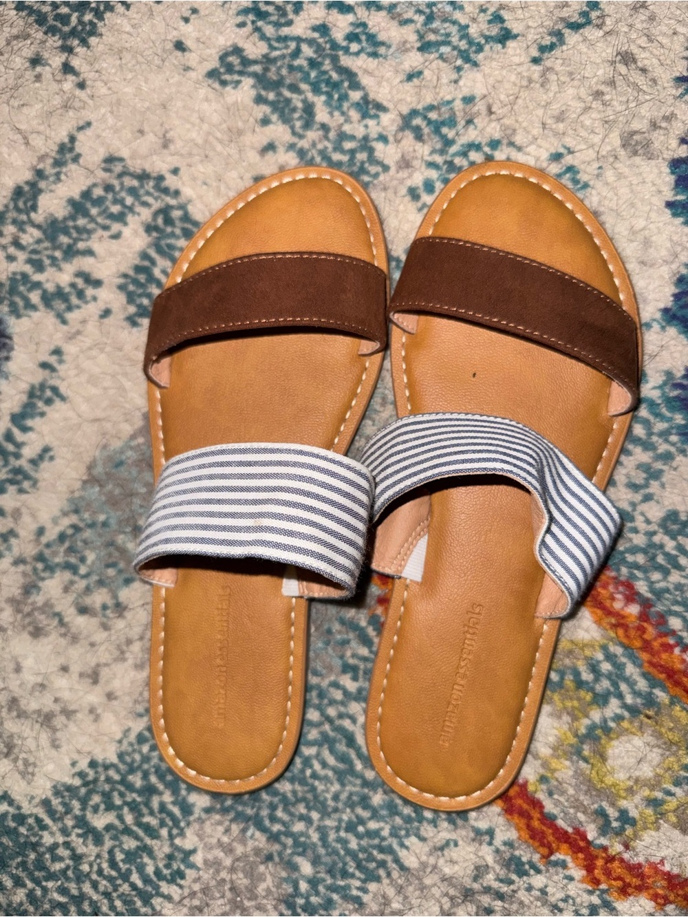 Amazon Essentials Brown & Blue Striped Double-Strap Slide Sandals